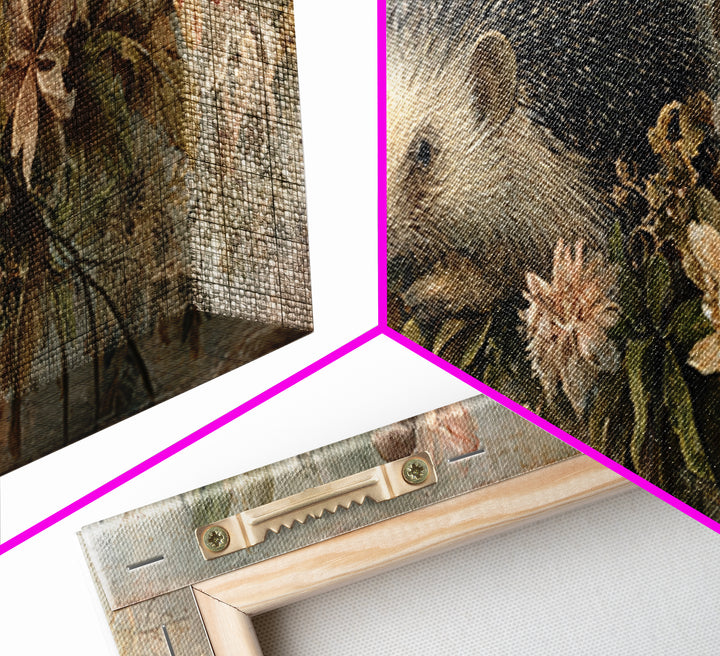 Hedgehog Carrying Wildflowers Framed Canvas Print, Whimsical Art, Prints, Living Room Decor, Oil Painting, Wonder, WHI-3x1-55