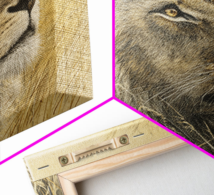 Lion Emerging from Golden Savanna Grass Framed Canvas Print, Wildlife Art, Rustic Home Decor, Living Room Decor, Fine Art, Wild, WIL-1x1-1