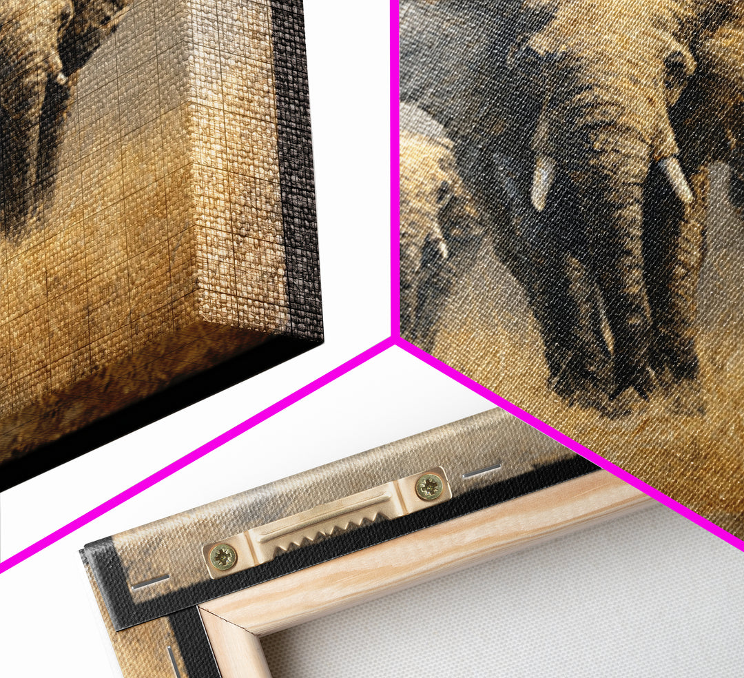 Elephant Herd Walking Through Dusty Sunset Framed Canvas Print, Wildlife Art, Bedroom Wall Art, Living Room Decor, Wild, WIL-1x1-2