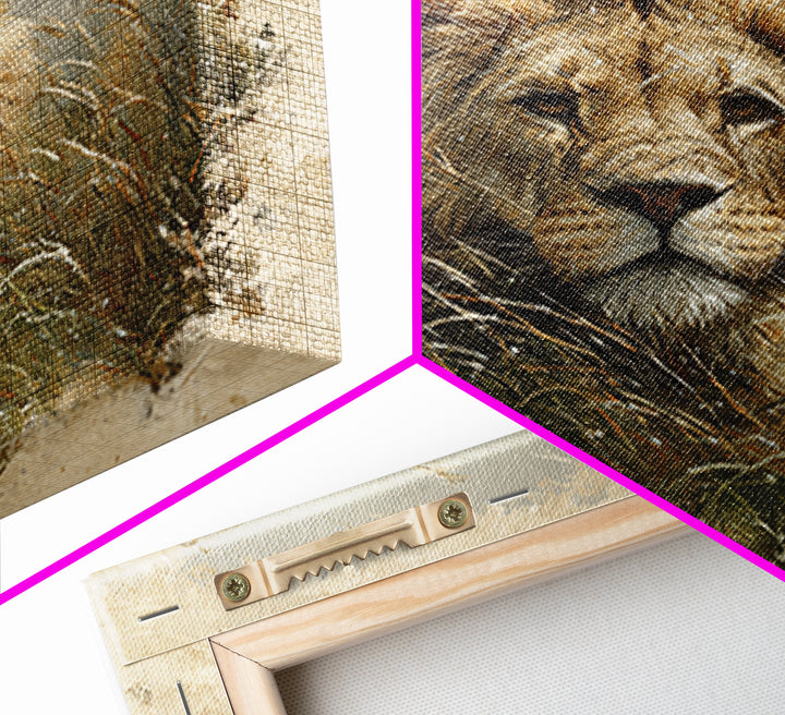 Lion Emerging from Golden Savanna Grass Canvas Print, Wildlife Art, Modern Decor, Living Room Decor, Fine Art, Wild, Home Decor, WIL-1x1-25
