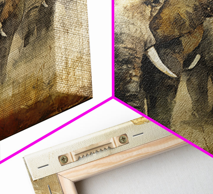 Elephant Herd Walking Through Dusty Sunset Canvas Print, Wildlife Art, Canvas Painting, Living Room Decor, Fine Art, Wild, WIL-1x1-26