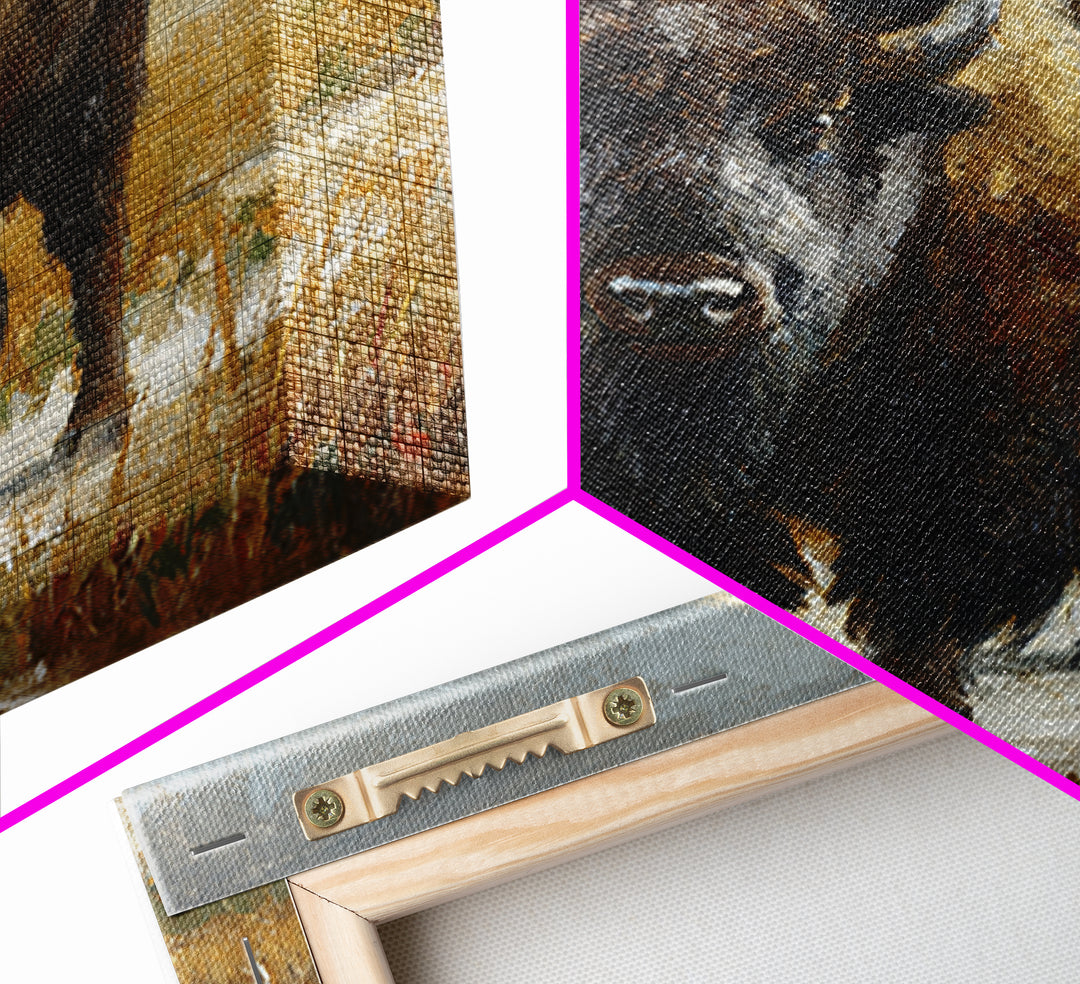 Bison on Wide Western Prairie Framed Canvas Print, Wildlife Art, Original Artwork, Living Room Decor, Oil Painting, Wild, WIL-1x1-37