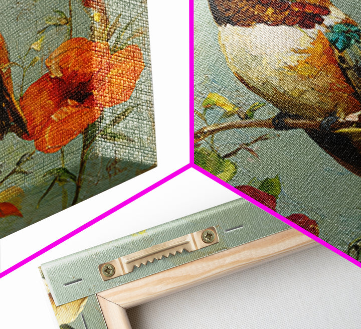 Hummingbird Beside Bright Flowers Framed Canvas Print, Wildlife Art, Art Print, Living Room Decor, Watercolor Art, Wild, WIL-1x1-40