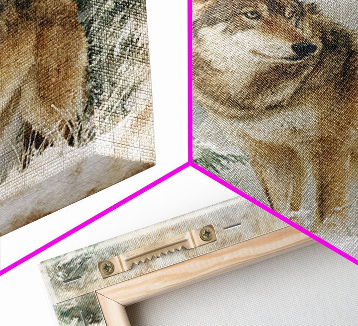 Wolf Standing Beneath Snowy Pine Trees Framed Canvas Print, Wildlife Art, Rustic Home Decor, Living Room Decor, Oil Painting, WIL-1x1-51