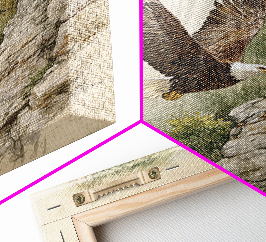 Eagle Soaring Above Rocky Cliffs Canvas Print, Wildlife Art, Bird Wall Art, Living Room Decor, Oil Painting, Wild, Luxury Decor, WIL-1x1-54