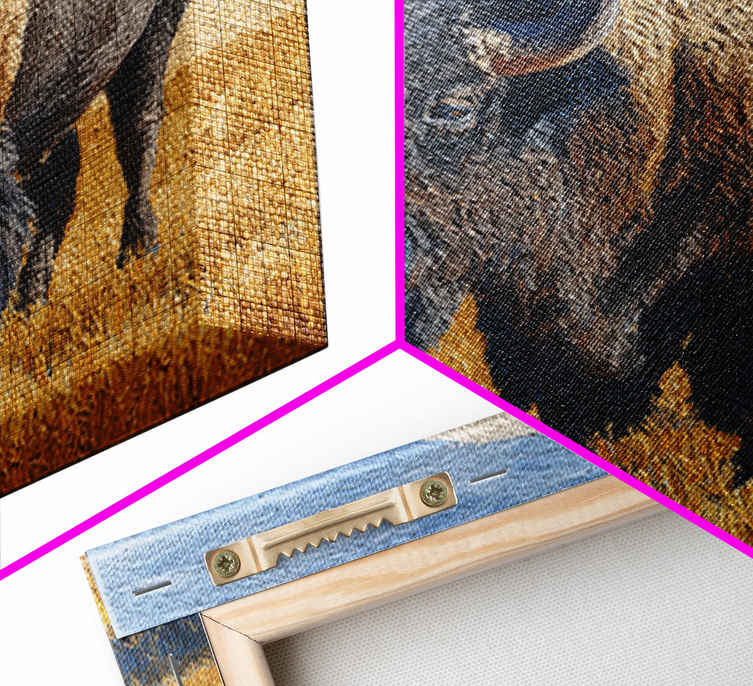 Bison on Wide Western Prairie Framed Canvas Print, Wildlife Art, Original Artwork, Living Room Decor, Oil Painting, Wild, WIL-1x1-61