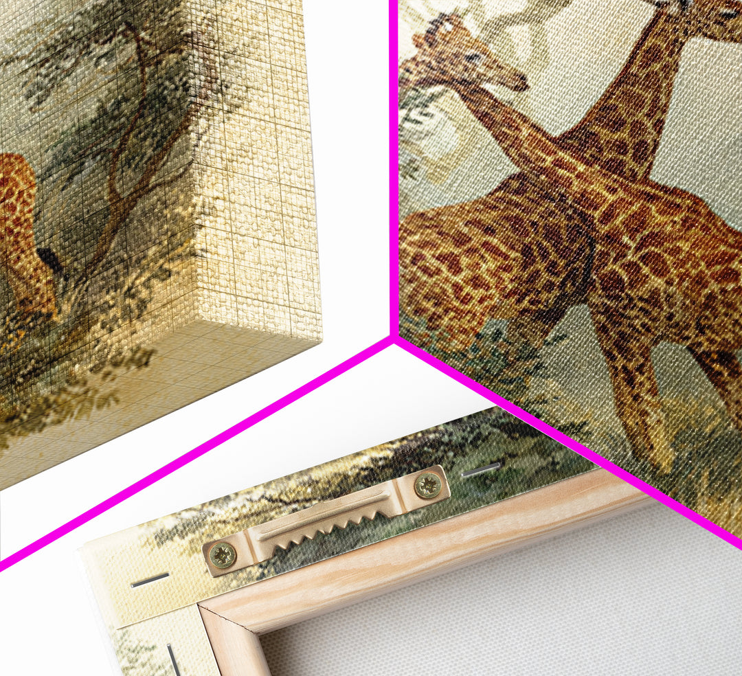 Giraffe Pair under Acacia Tree Framed Canvas Print, Wildlife Art, Living Room Decor, Fine Art, Wild, Living Room Art, WIL-1x1-7