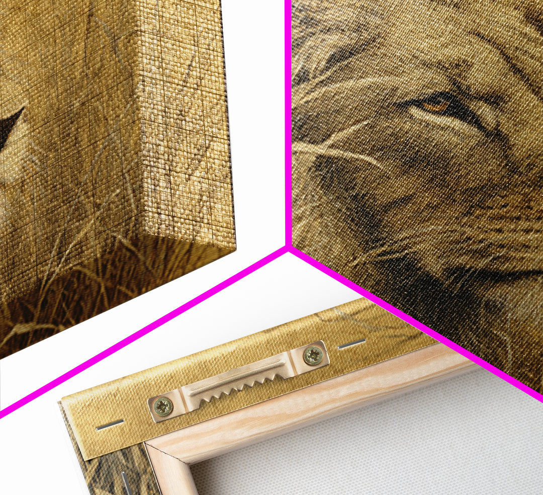 Lion Emerging from Golden Savanna Grass Framed Canvas Print, Wildlife Art, Art Print, Living Room Decor, Watercolor Art, Wild, WIL-1x1-73