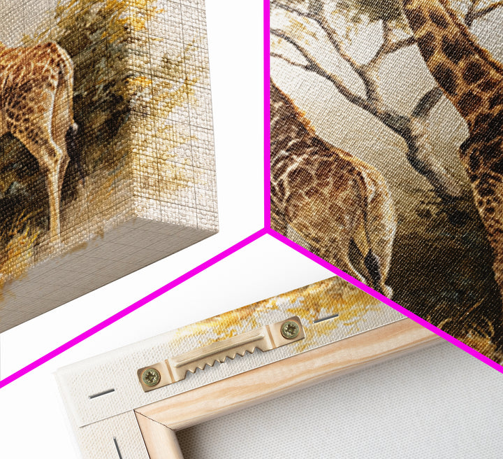 Giraffe Pair under Acacia Tree Framed Canvas Print, Wildlife Art, Fine Art Print, Living Room Decor, Oil Painting, Wild, WIL-1x1-79