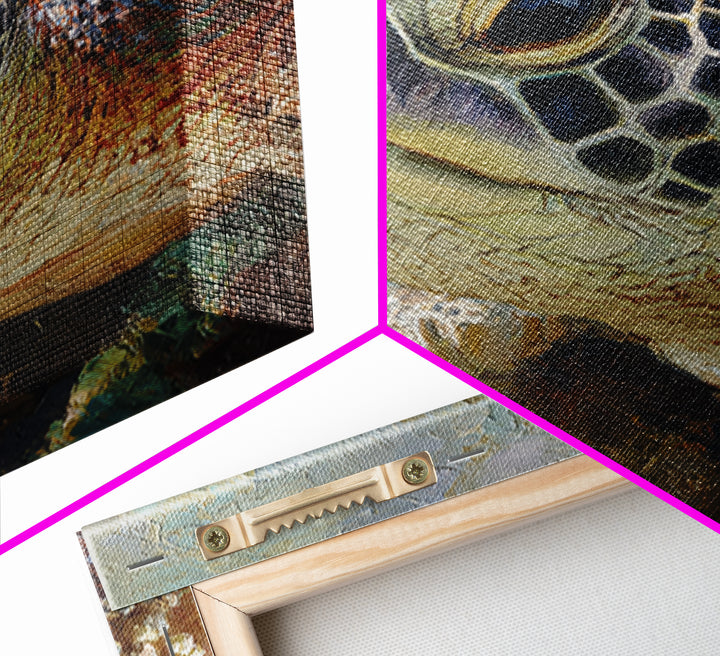 Sea Turtle over Coral Reef Canvas Print, Wildlife Art, Forest Wall Art, Living Room Decor, Fine Art, Wild, Textured Painting, WIL-1x1-90