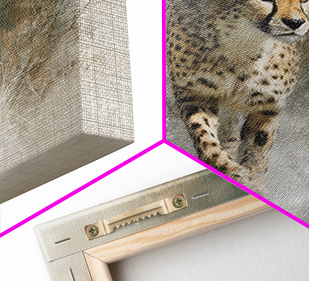 Cheetah Running Through Warm Dust Framed Canvas Print, Wildlife Art, Luxury Decor, Living Room Decor, Oil Painting, Wild, WIL-1x1-93
