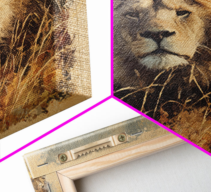 Lion Emerging from Golden Savanna Grass Canvas Print, Wildlife Art, Wall Art, Living Room Decor, Oil Painting, Wild, WIL-1x1-97
