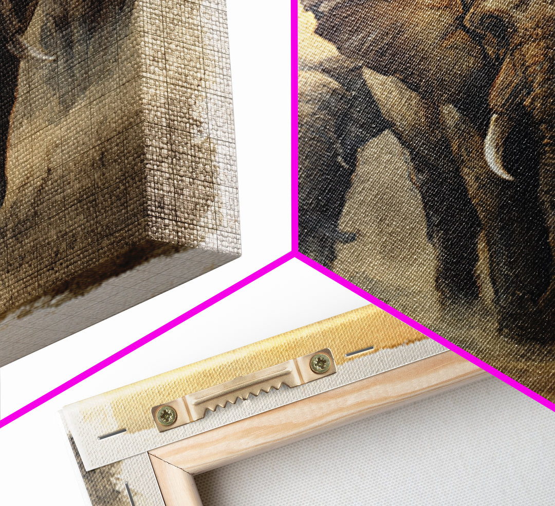 Elephant Herd Walking Through Dusty Sunset Canvas Print, Wildlife Art, Boho Decor, Living Room Decor, Fine Art, Wild, WIL-1x1-98