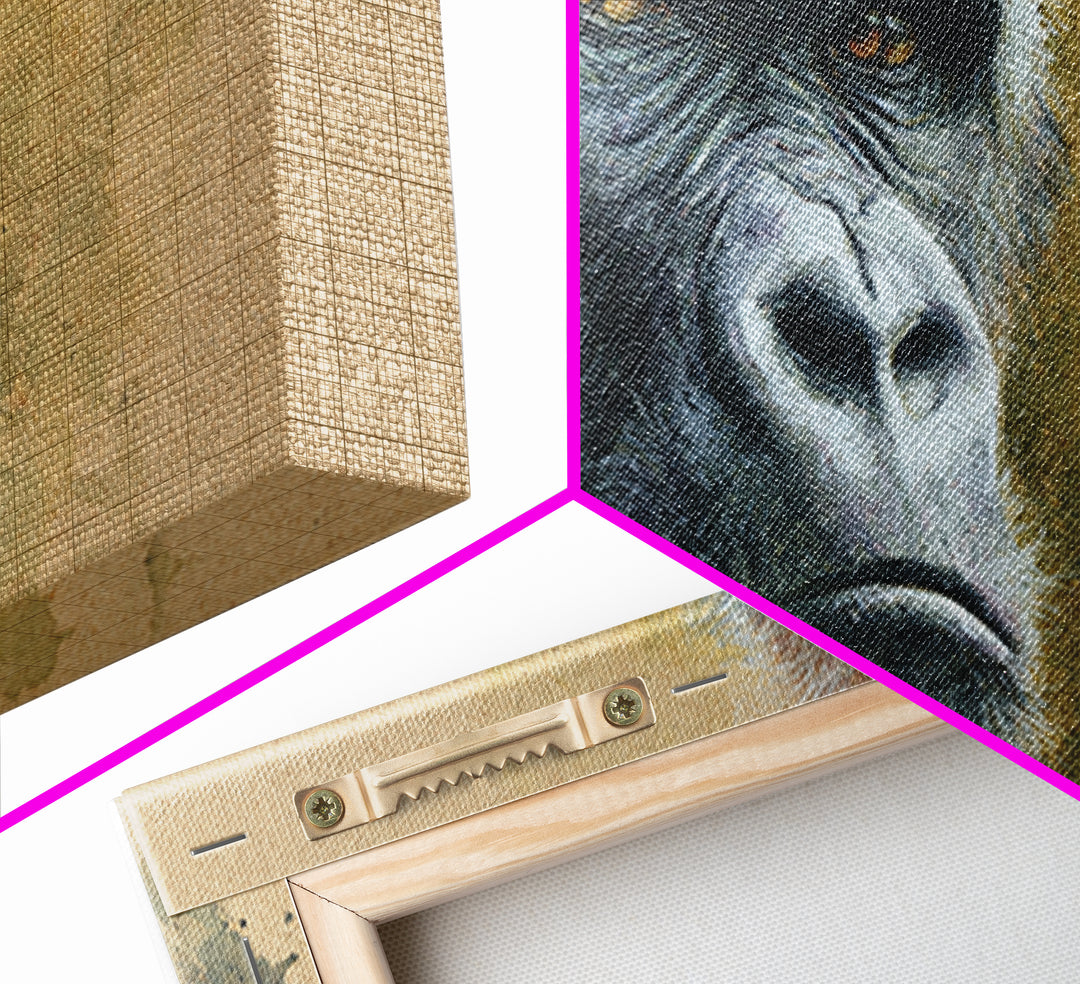 Gorilla Portrait with Powerful Gaze Framed Canvas Print, Wildlife Art, Minimalist Decor, Living Room Decor, Oil Painting, Wild, WIL-2x1-13