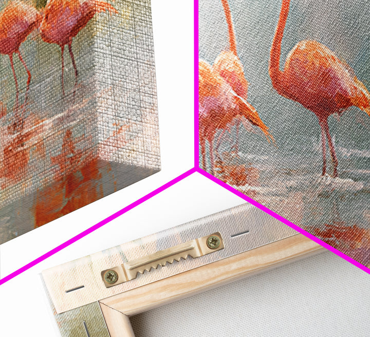 Flamingos in Pink Shallow Water Framed Canvas Print, Wildlife Art, Statement Artwork, Living Room Decor, Fine Art, Wild, WIL-2x1-18