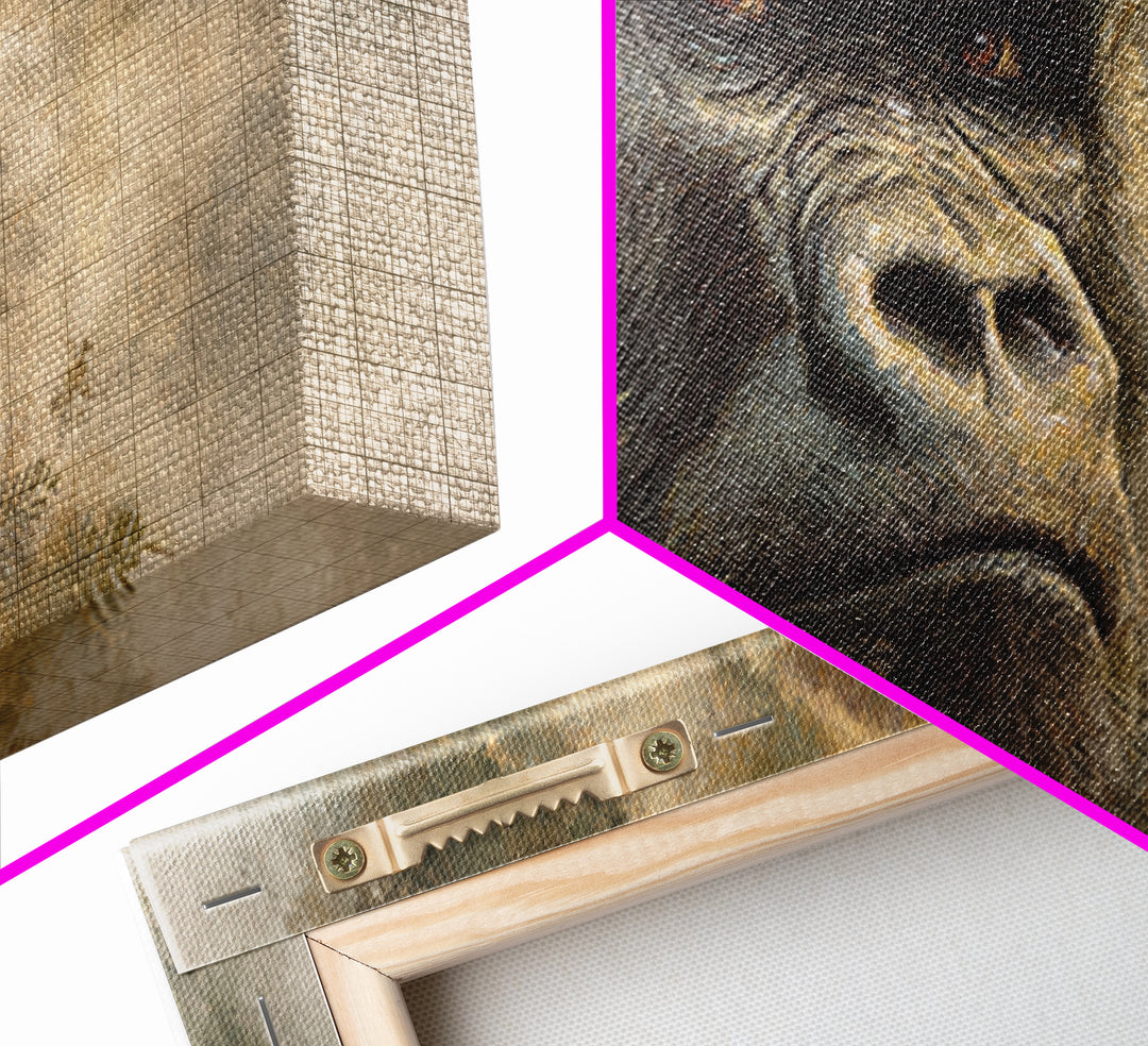 Gorilla Portrait with Powerful Gaze Framed Canvas Print, Wildlife Art, Minimalist Decor, Living Room Decor, Oil Painting, Wild, WIL-2x1-37