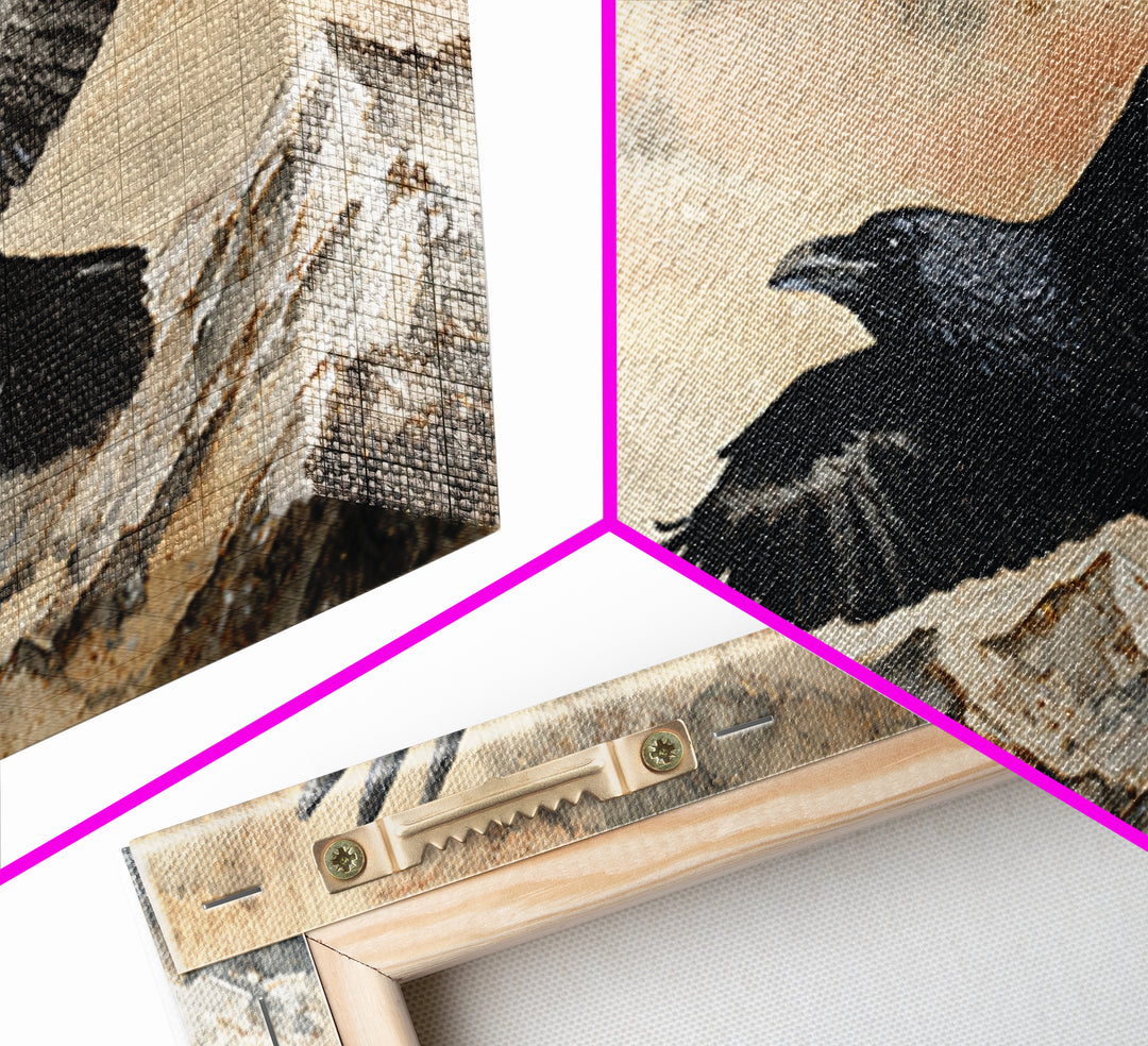 Raven Flying Through Snowy Mountains Canvas Print, Wildlife Art, Textured Painting, Living Room Decor, Fine Art, Wild, WIL-2x1-44