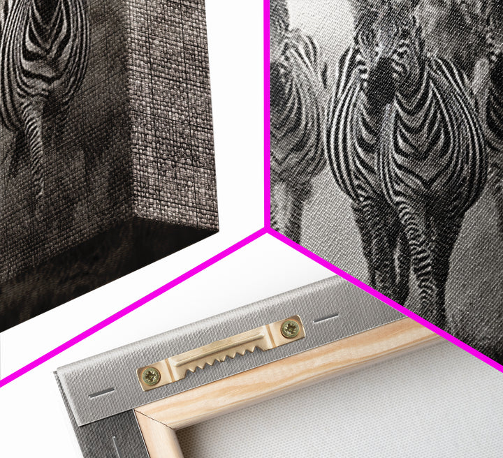 Zebra Herd in Graphic Black and White Framed Canvas Print, Wildlife Art, Boho Wall Decor, Living Room Decor, Fine Art, Wild, WIL-2x1-55