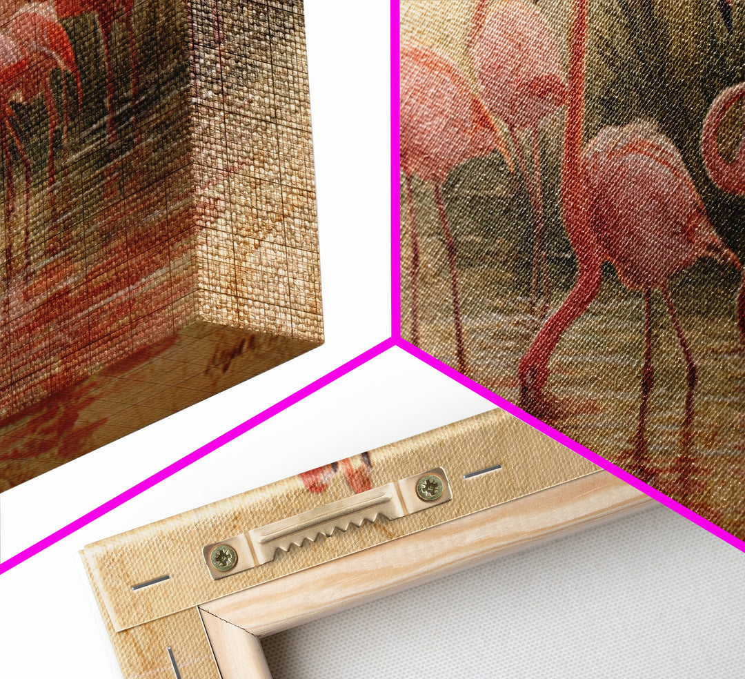 Flamingos in Pink Shallow Water Canvas Print, Wildlife Art, Textured Painting, Living Room Decor, Watercolor Art, Wild, WIL-2x1-66