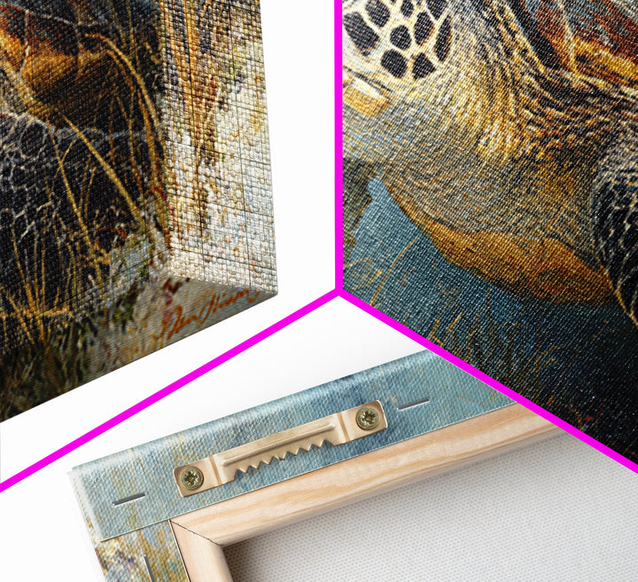 Sea Turtle over Coral Reef Framed Canvas Print, Wildlife Art, Home Decor, Living Room Decor, Fine Art, Wild, Boho Wall Decor, WIL-2x1-86