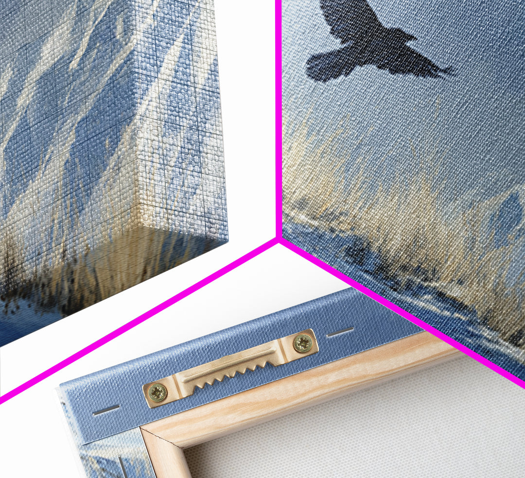 Raven Flying Through Snowy Mountains Framed Canvas Print, Wildlife Art, Boho Wall Decor, Living Room Decor, Fine Art, Wild, WIL-2x1-92