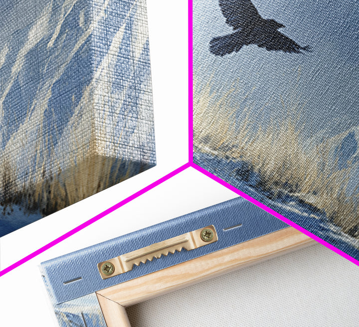 Raven Flying Through Snowy Mountains Framed Canvas Print, Wildlife Art, Boho Wall Decor, Living Room Decor, Fine Art, Wild, WIL-2x1-92