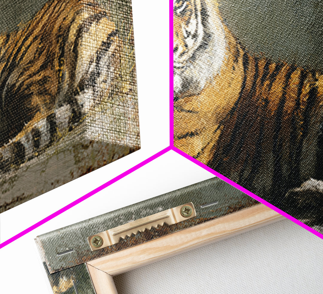 Tiger Portrait with Jungle Shadows Framed Canvas Print, Wildlife Art, Modern Wall Art, Living Room Decor, Oil Painting, Wild, WIL-2x1-97