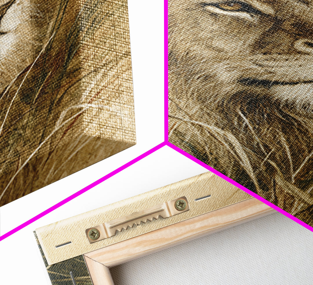 Lion Emerging from Golden Savanna Grass Framed Canvas Print, Wildlife Art, Living Room Decor, Watercolor Art, Wild, WIL-2x3-33