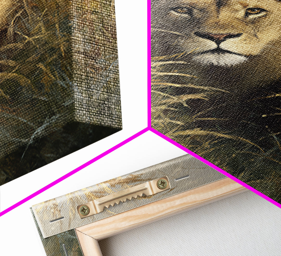 Lion Emerging from Golden Savanna Grass Canvas Print, Wildlife Art, Boho Wall Decor, Living Room Decor, Oil Painting, Wild, WIL-2x3-57