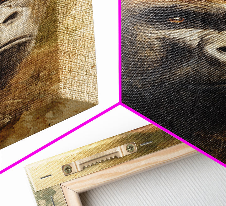 Gorilla Portrait with Powerful Gaze Framed Canvas Print, Wildlife Art, Wall Art Print, Living Room Decor, Oil Painting, Wild, WIL-2x3-73