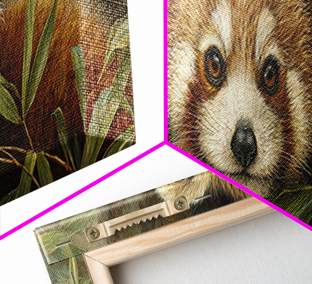 Red Panda Among Bamboo Leaves Framed Canvas Print, Wildlife Art, Canvas Painting, Living Room Decor, Wild, Luxury Decor, WIL-3x1-12