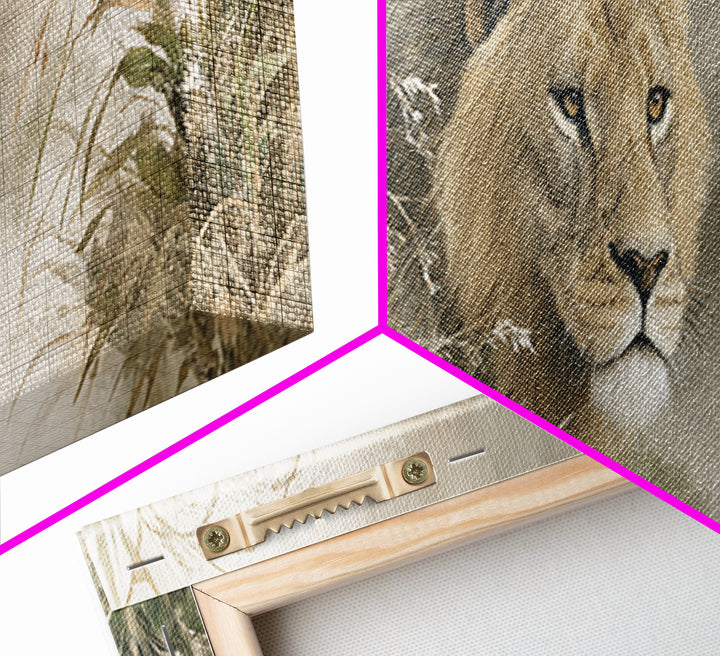 Lion Emerging from Golden Savanna Grass Framed Canvas Print, Wildlife Art, Bird Art, Living Room Decor, Fine Art, Wild, WIL-3x1-17