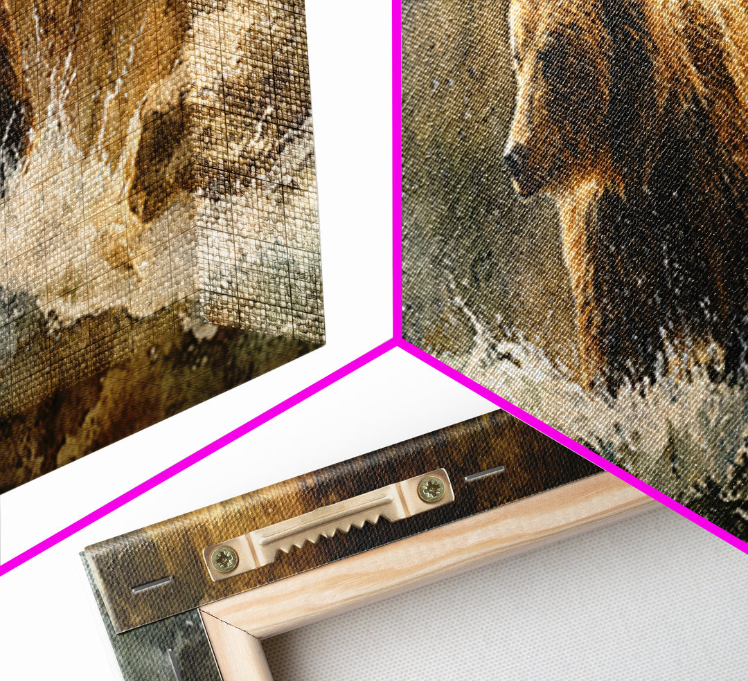 Bear Fishing in Rushing Mountain River Canvas Print, Wildlife Art, Nature Wall Art, Living Room Decor, Oil Painting, Wild, WIL-3x1-20