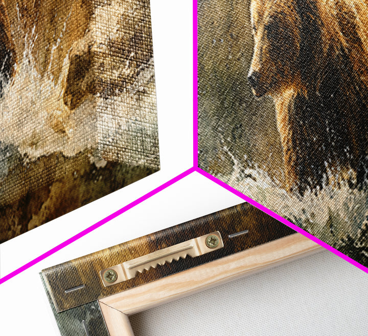 Bear Fishing in Rushing Mountain River Canvas Print, Wildlife Art, Nature Wall Art, Living Room Decor, Oil Painting, Wild, WIL-3x1-20