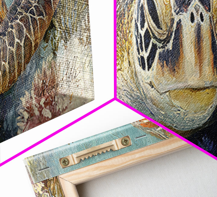 Sea Turtle over Coral Reef Canvas Print, Wildlife Art, Digital Wall Art, Living Room Decor, Abstract Art, Wild, Modern Art, WIL-3x1-34
