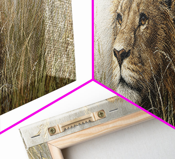Lion Emerging from Golden Savanna Grass Canvas Print, Wildlife Art, Living Room Art, Living Room Decor, Watercolor Art, Wild, WIL-3x1-41