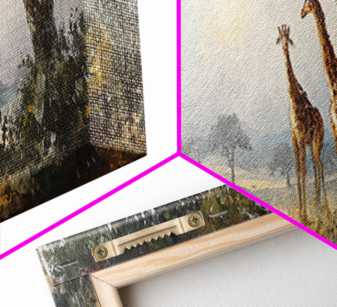 Giraffe Pair under Acacia Tree Framed Canvas Print, Wildlife Art, Wall Decor, Living Room Decor, Oil Painting, Wild, Bird Art, WIL-3x1-47