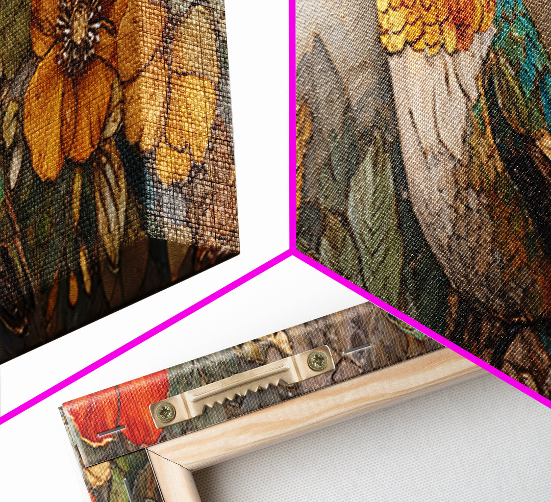 Hummingbird Beside Bright Flowers Framed Canvas Print, Wildlife Art, Textured Painting, Living Room Decor, Oil Painting, Wild, WIL-3x1-56