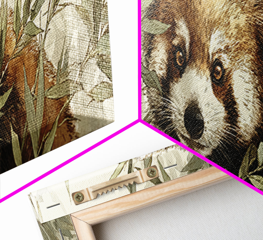 Red Panda Among Bamboo Leaves Framed Canvas Print, Wildlife Art, Boho Decor, Living Room Decor, Fine Art, Wild, Painting, WIL-3x1-60