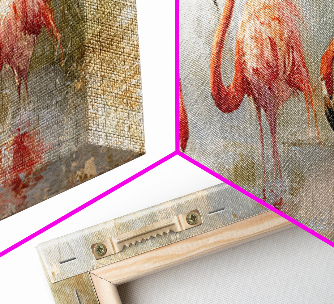 Flamingos in Pink Shallow Water Canvas Print, Wildlife Art, Gallery Decor, Living Room Decor, Oil Painting, Wild, WIL-3x1-62