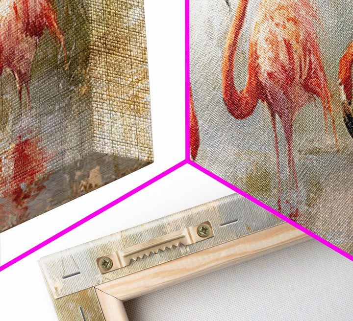 Flamingos in Pink Shallow Water Canvas Print, Wildlife Art, Gallery Decor, Living Room Decor, Oil Painting, Wild, WIL-3x1-62