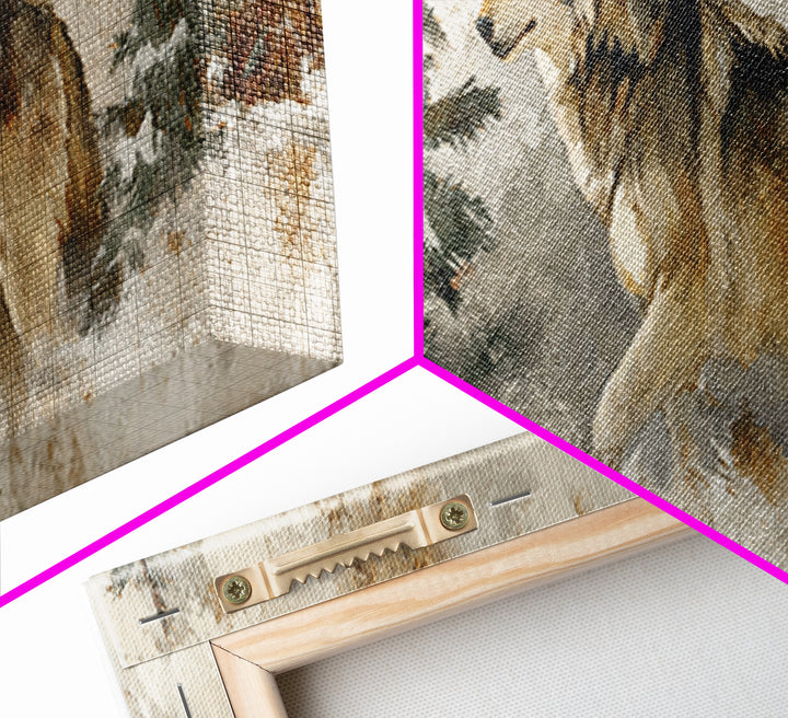 Wolf Standing Beneath Snowy Pine Trees Framed Canvas Print, Wildlife Art, Large Wall Art, Living Room Decor, Abstract Art, Wild, WIL-3x1-67