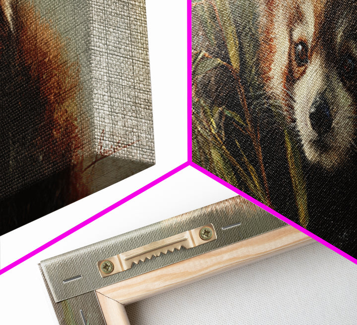 Red Panda Among Bamboo Leaves Framed Canvas Print, Wildlife Art, Wall Decor, Living Room Decor, Wild, Living Room Wall Art, WIL-3x1-84
