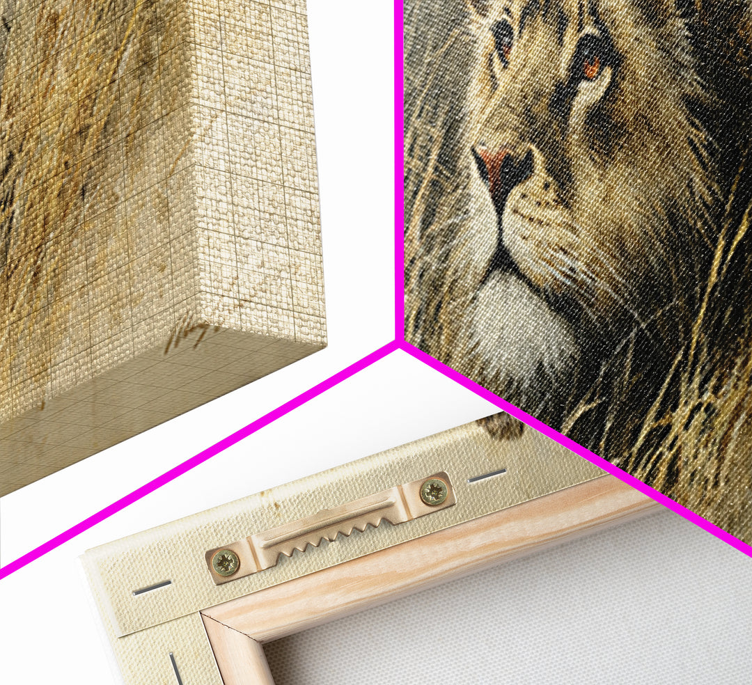 Lion Emerging from Golden Savanna Grass Framed Canvas Print, Wildlife Art, Unique Home Decor, Living Room Decor, Oil Painting, WIL-3x1-89