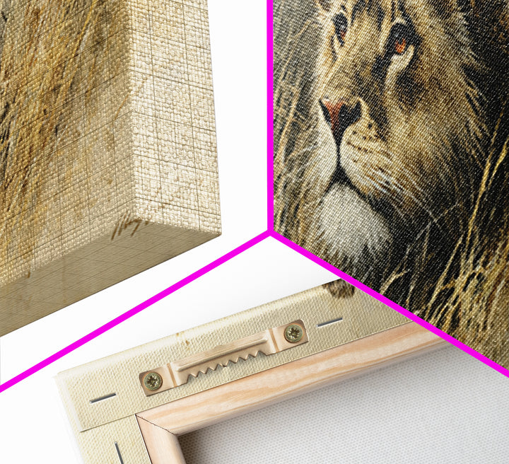 Lion Emerging from Golden Savanna Grass Framed Canvas Print, Wildlife Art, Unique Home Decor, Living Room Decor, Oil Painting, WIL-3x1-89