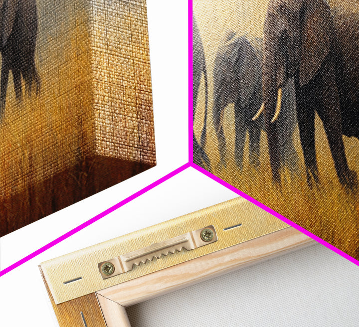 Elephant Herd Walking Through Dusty Sunset Framed Canvas Print, Wildlife Art, Landscape Art, Living Room Decor, Fine Art, Wild, WIL-3x1-90