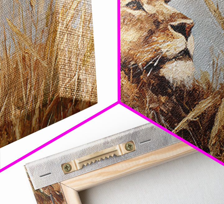 Lion Emerging from Golden Savanna Grass Canvas Print, Wildlife Art, Bird Wall Art, Living Room Decor, Fine Art, Wild, WIL-3x2-29