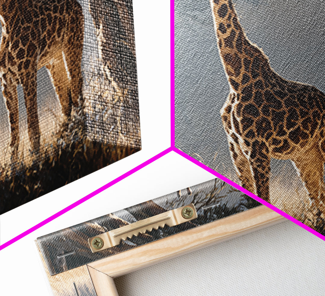 Giraffe Pair under Acacia Tree Framed Canvas Print, Wildlife Art, Living Room Decor, Oil Painting, Wild, Digital Wall Art, WIL-3x2-59