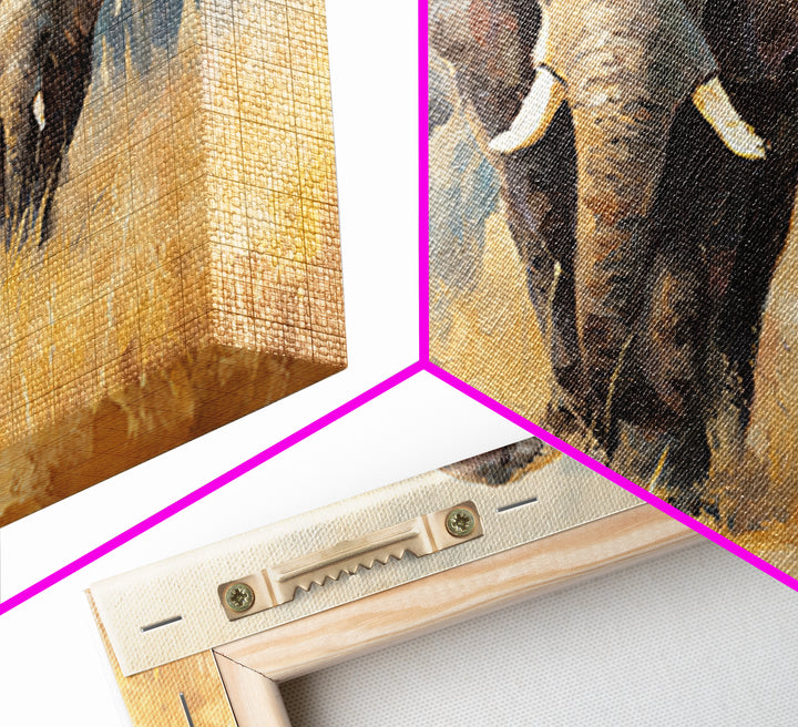 Elephant Herd Walking Through Dusty Sunset Framed Canvas Print, Wildlife Art, Living Room Decor, Wild, Living Room Art, WIL-3x2-6