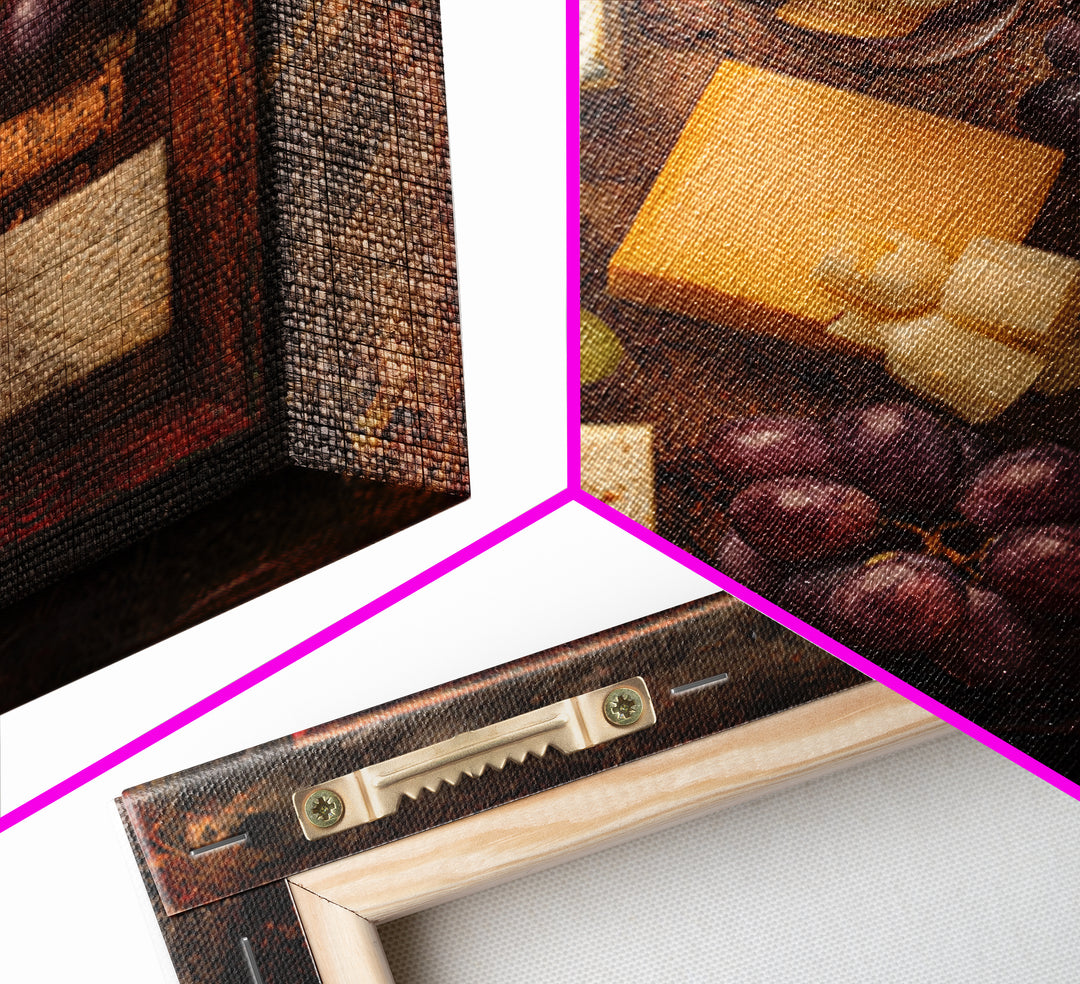 Charcuterie Board with Grapes and Cheese Framed Canvas Print, Winery Art, Boho Decor, Winery Decor, Oil Painting, Vineyard, WIN-1x1-37